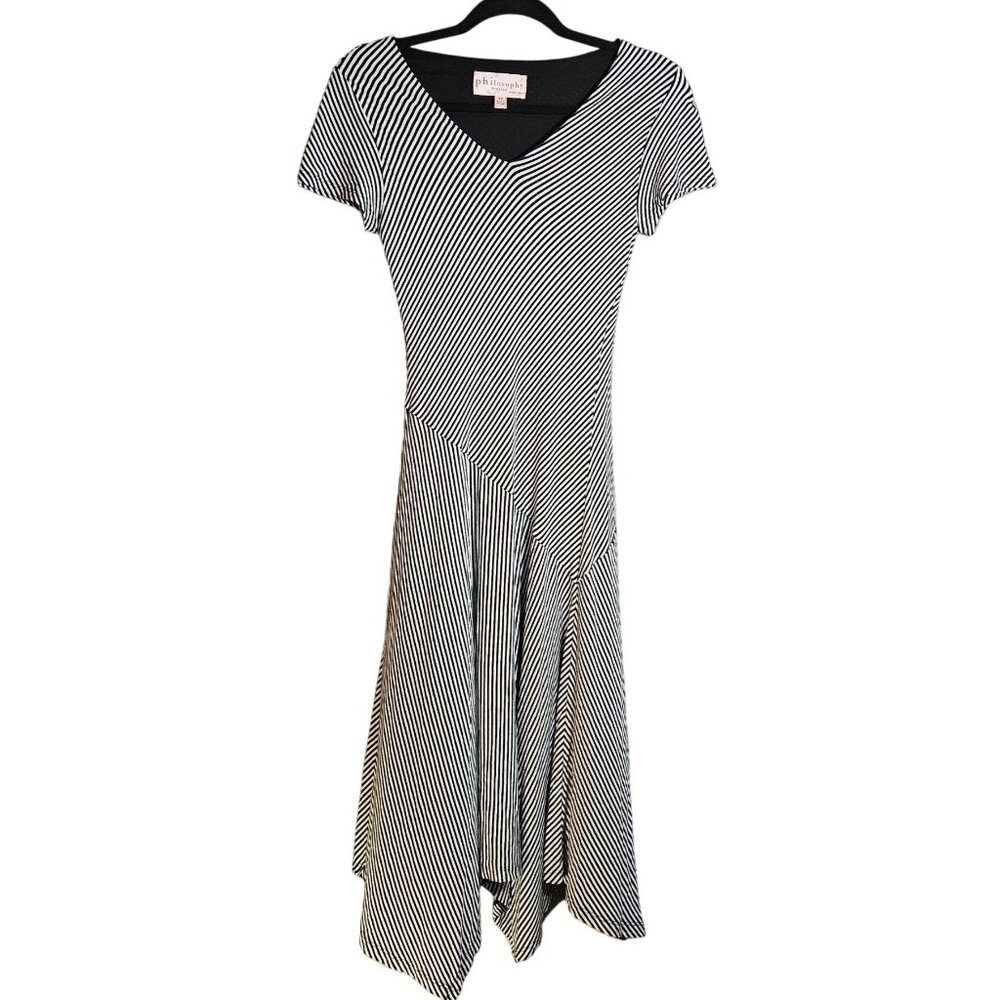 Black & White Striped Asymmetrical Hem Short-Sleeve Dress By Philosophy Size XS
